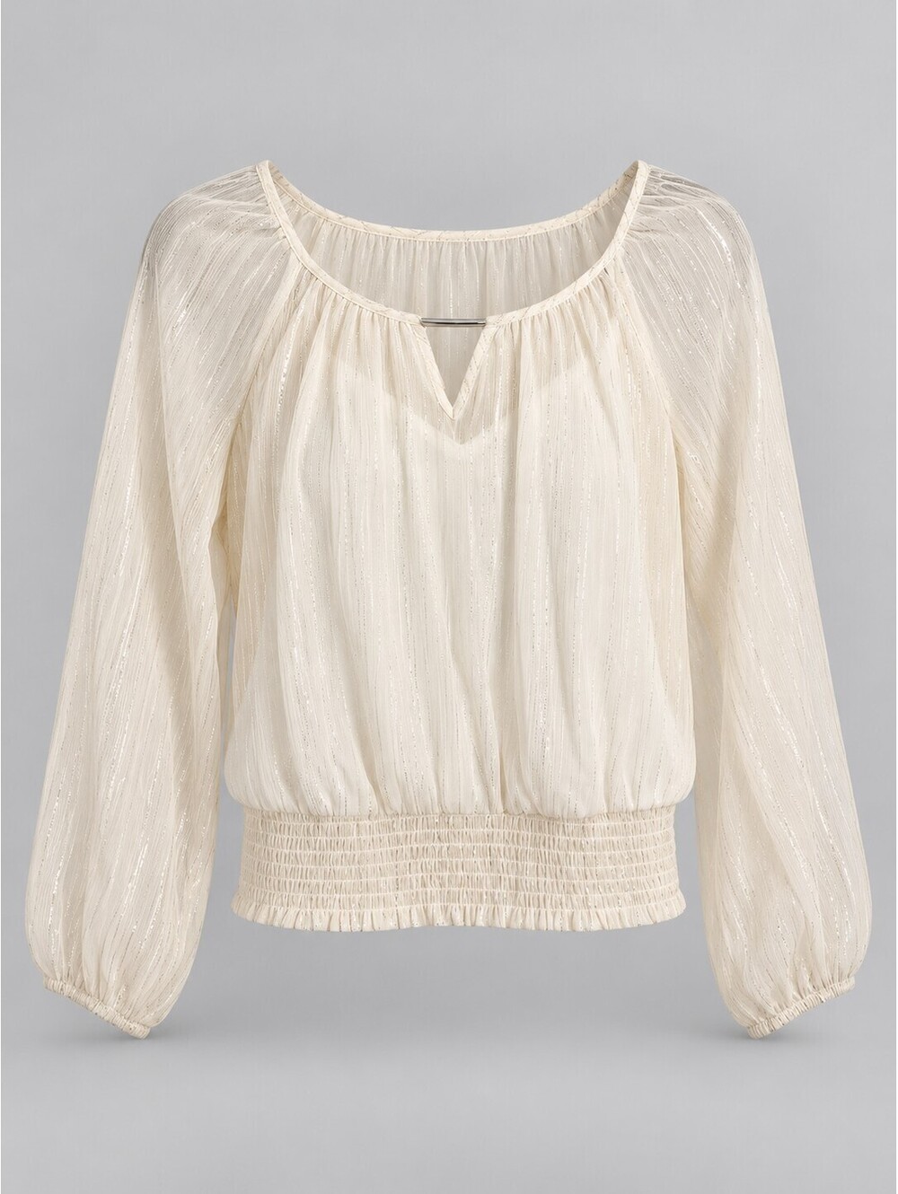 BCX Women’s S Ivory Metallic Stripe Sheer Sleeve Smocked Hem Blouse